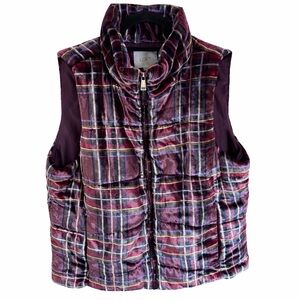 LOFT Women’s Rainbow Plaid Velvet Puffer Vest Gilet - Jewel Tone Quilted -Size L